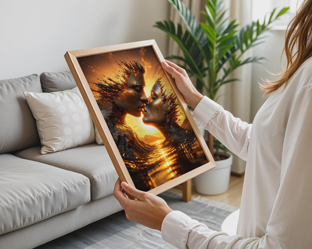 Cracked Stone Couple Kiss Print, Surreal Sunset Romance Wall Art