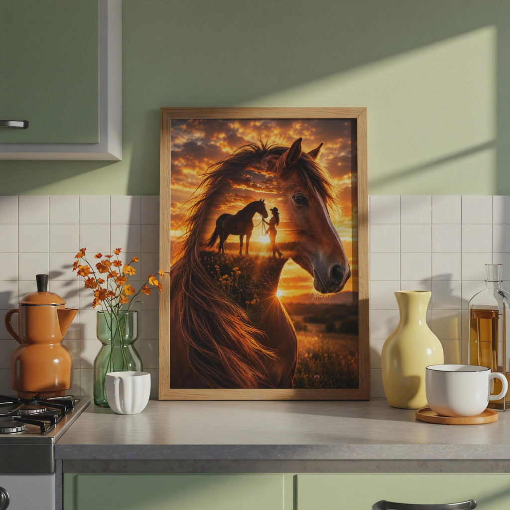 Horse Sunset Double Exposure Print, Equestrian Cowgirl Wall Art, Rustic Country Decor