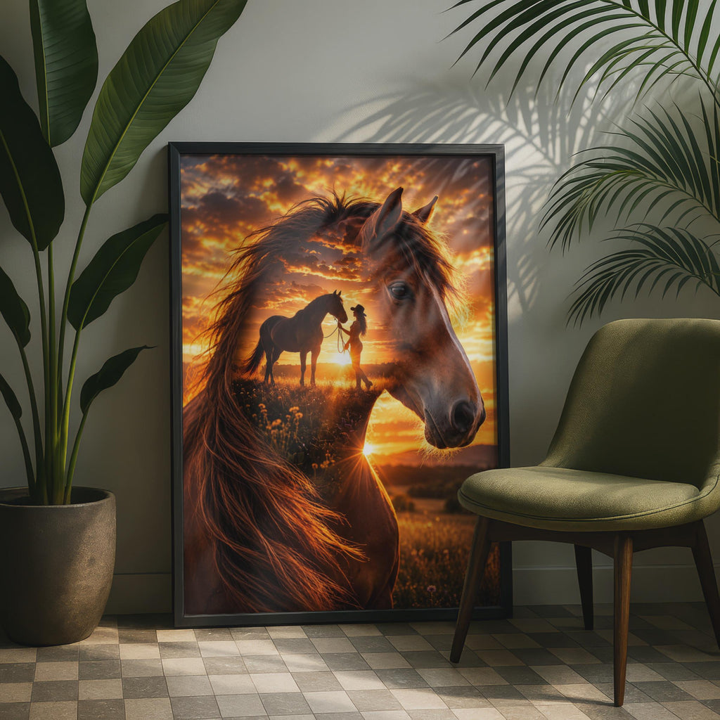 Horse Sunset Double Exposure Print, Equestrian Cowgirl Wall Art, Rustic Country Decor