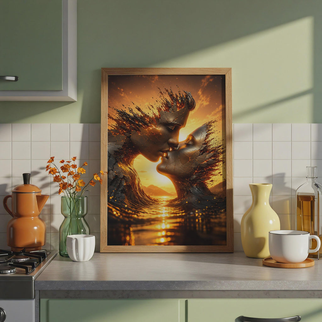 Cracked Stone Couple Kiss Print, Surreal Sunset Romance Wall Art