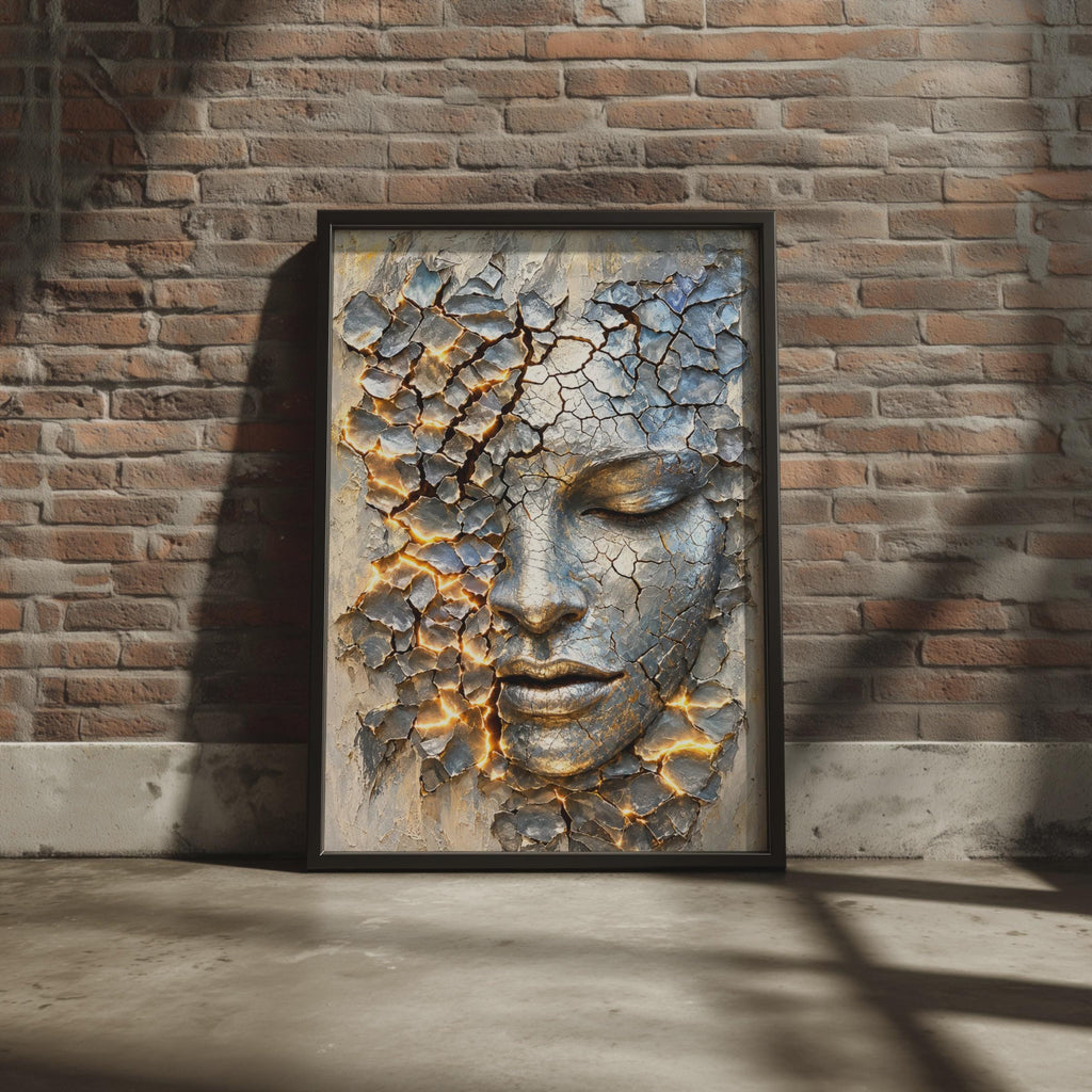Cracked Golden Face Art Print, Surreal Stone Sculpture Wall Decor