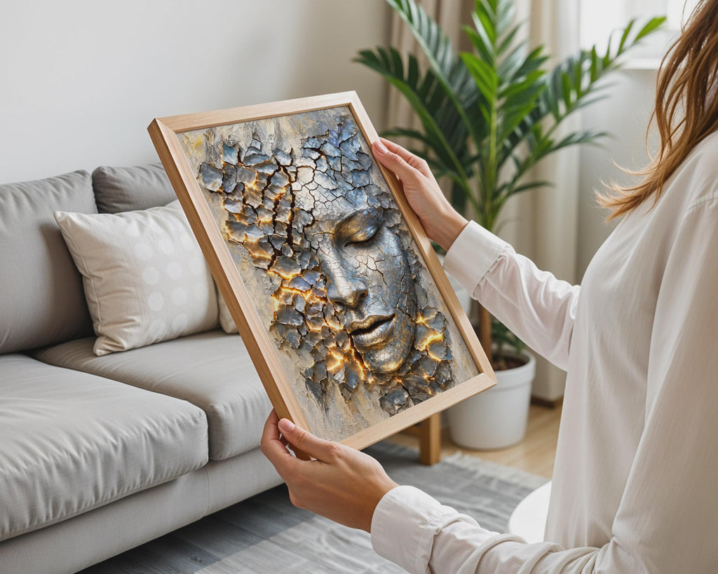 Cracked Golden Face Art Print, Surreal Stone Sculpture Wall Decor