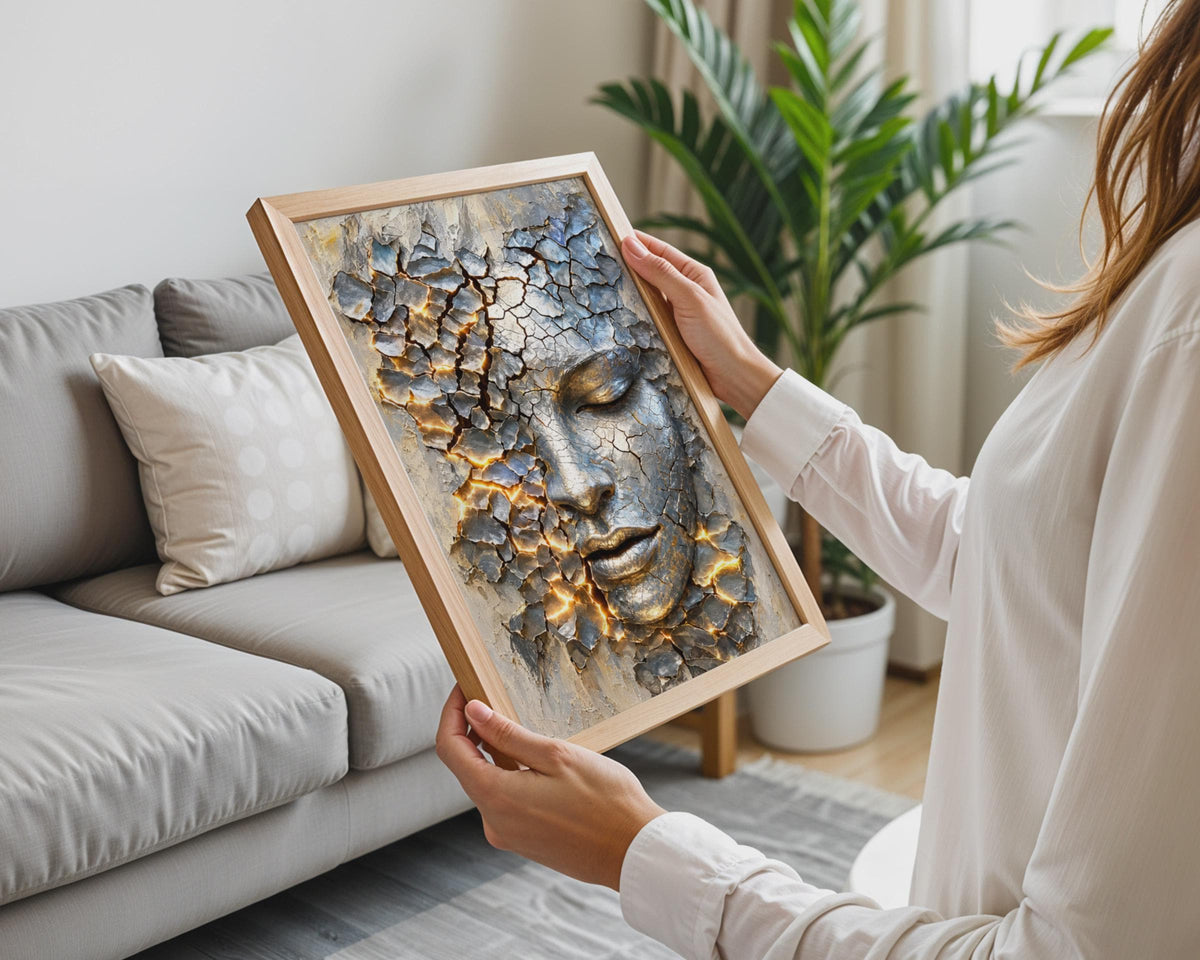 Cracked Golden Face Art Print, Surreal Stone Sculpture Wall Decor