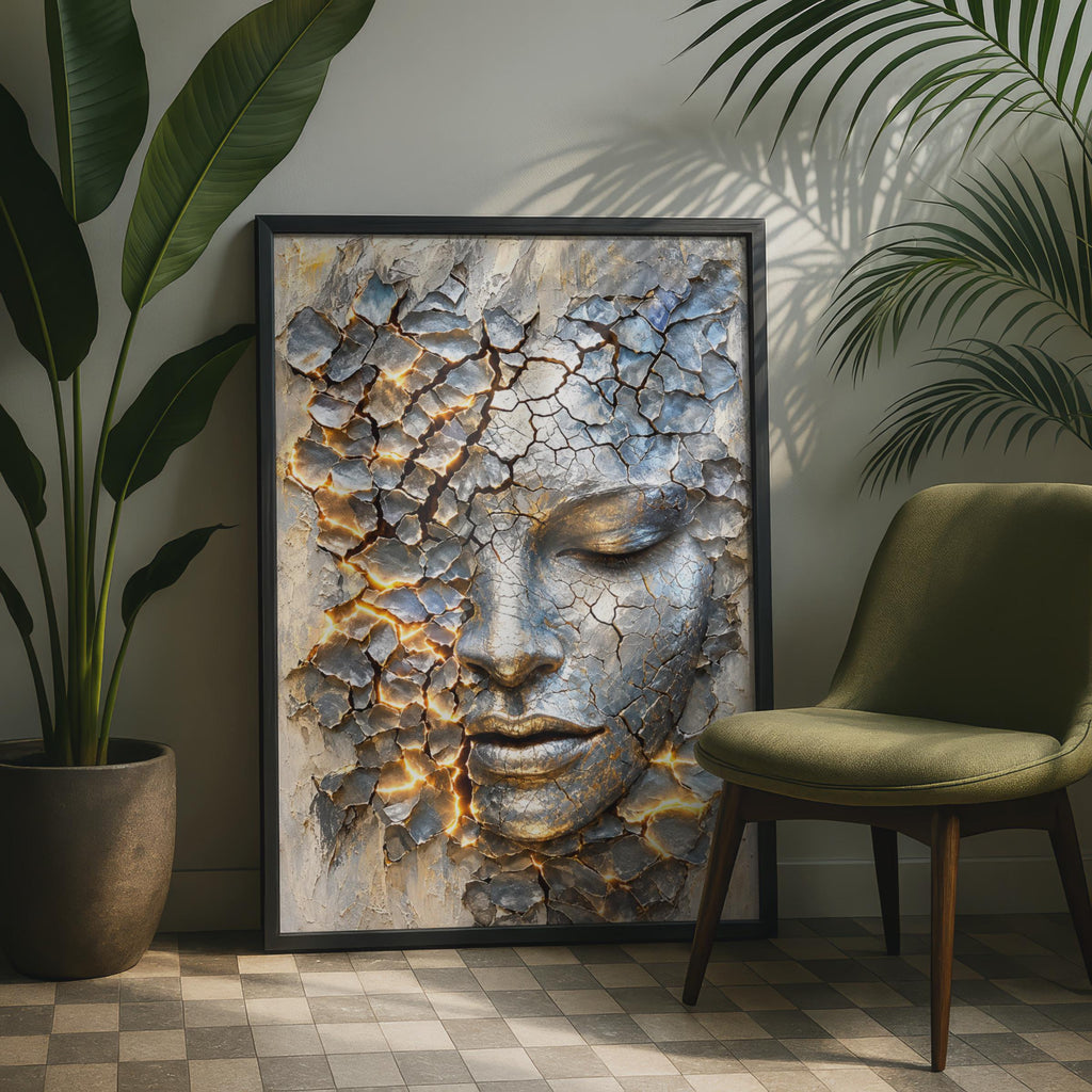 Cracked Golden Face Art Print, Surreal Stone Sculpture Wall Decor