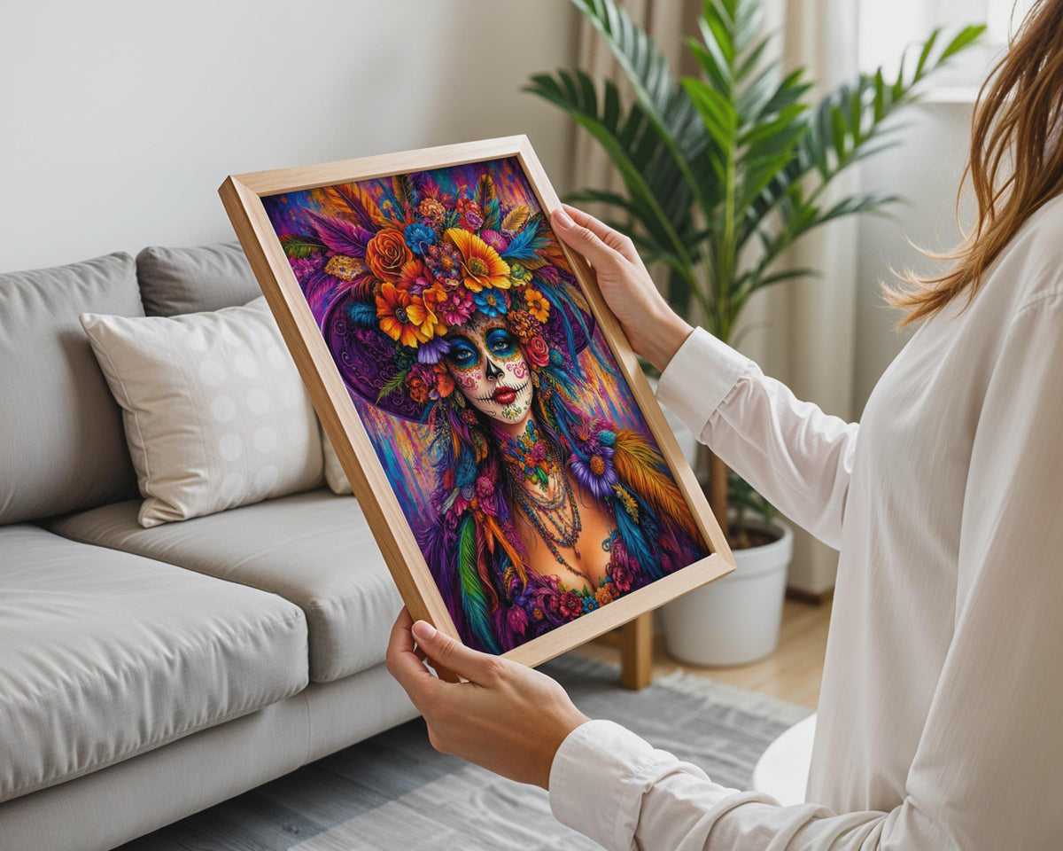 Day of the Dead Poster, Sugar Skull Woman Wall Art, Dia de Muertos Floral Print, Colourful Mexican Skull Decor, Catrina Art Print