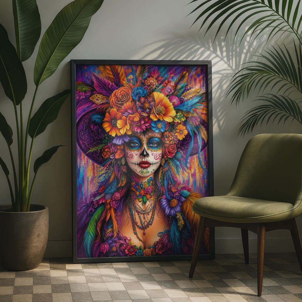 Day of the Dead Poster, Sugar Skull Woman Wall Art, Dia de Muertos Floral Print, Colourful Mexican Skull Decor, Catrina Art Print