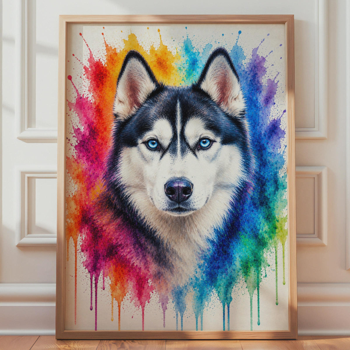 Siberian Husky Portrait, Rainbow Watercolour Splash Dog Print, Blue Eyes Animal Art