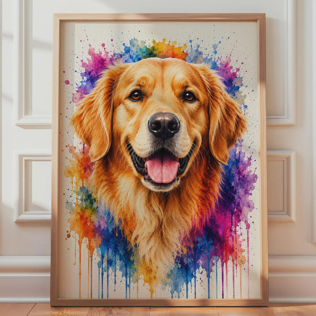 Golden Retriever Watercolor Portrait, Vibrant Rainbow Splash Dog Art Print