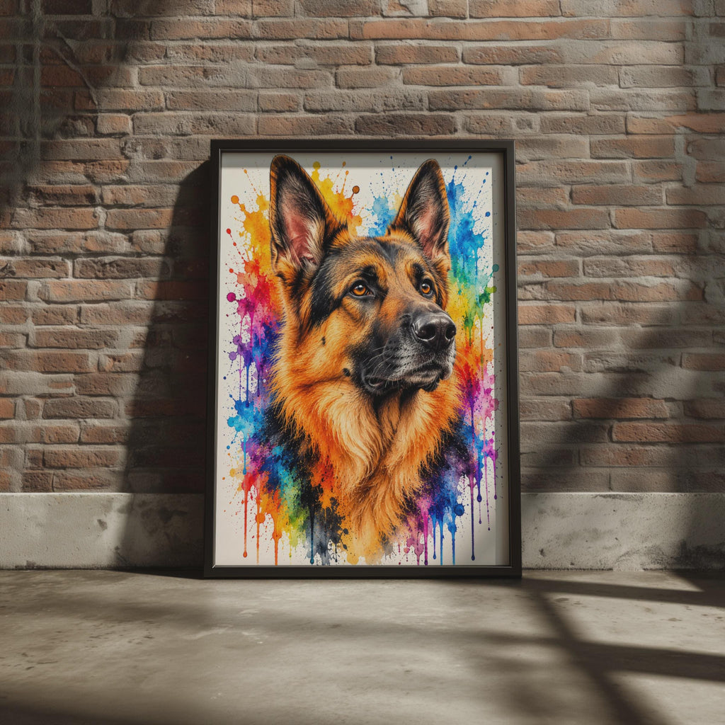 German Shepherd Watercolour Splash Print, Vibrant Dog Breed Wall Art