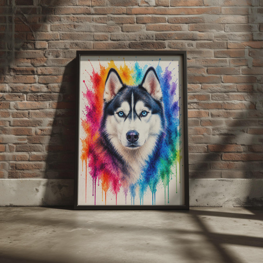 Siberian Husky Portrait, Rainbow Watercolour Splash Dog Print, Blue Eyes Animal Art