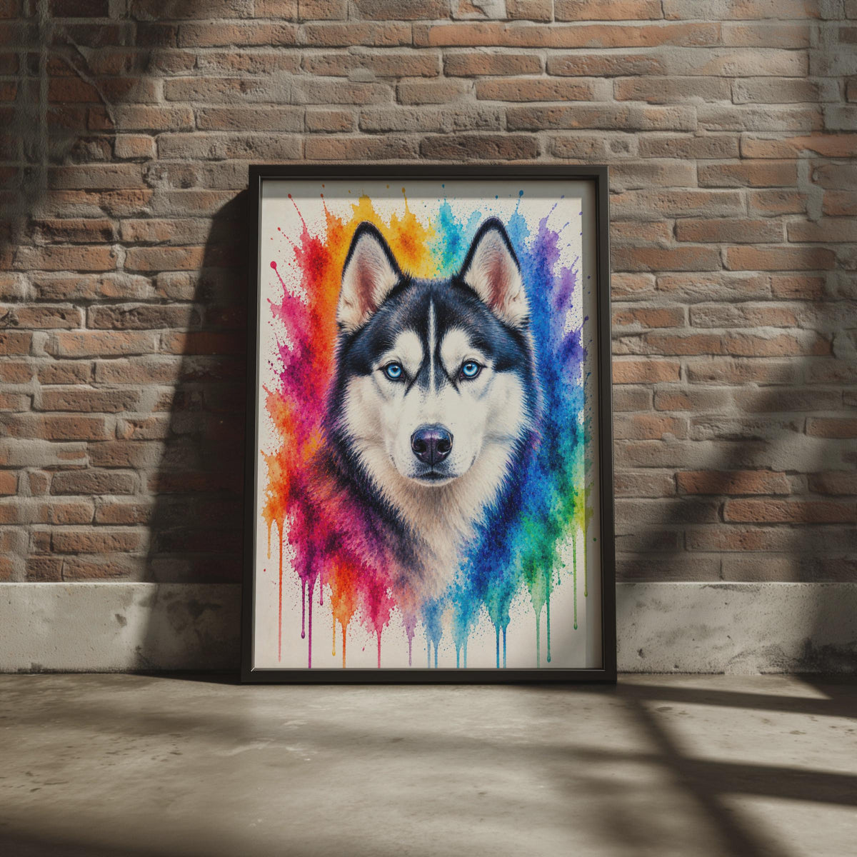 Siberian Husky Portrait, Rainbow Watercolour Splash Dog Print, Blue Eyes Animal Art