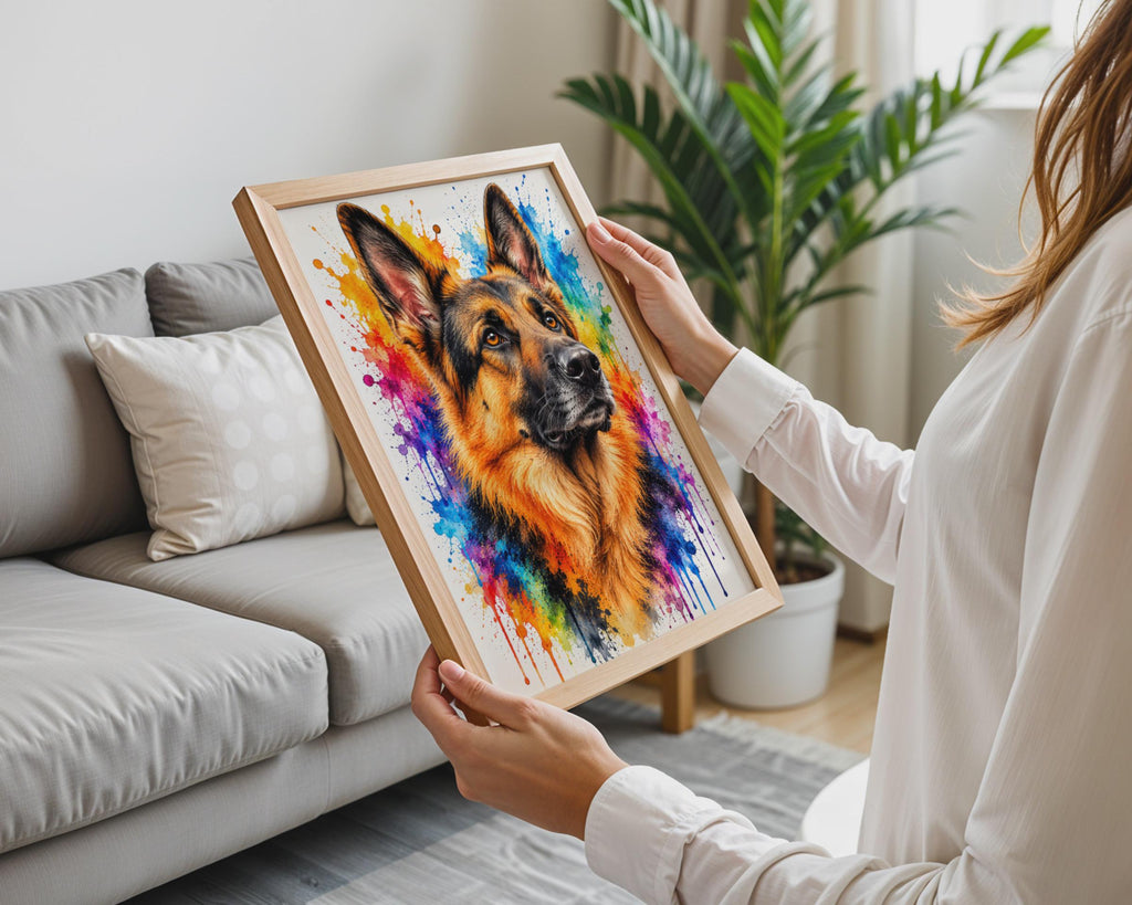 German Shepherd Watercolour Splash Print, Vibrant Dog Breed Wall Art