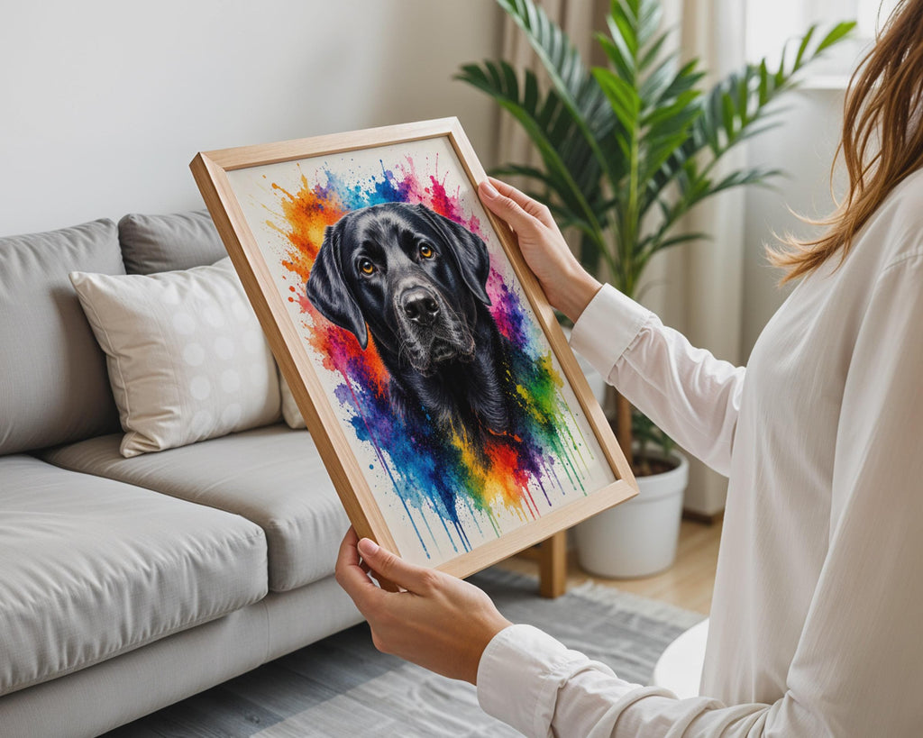 Black Labrador Retriever Watercolour Splash Dog Art Print, Rainbow Pet Portrait Wall Decor