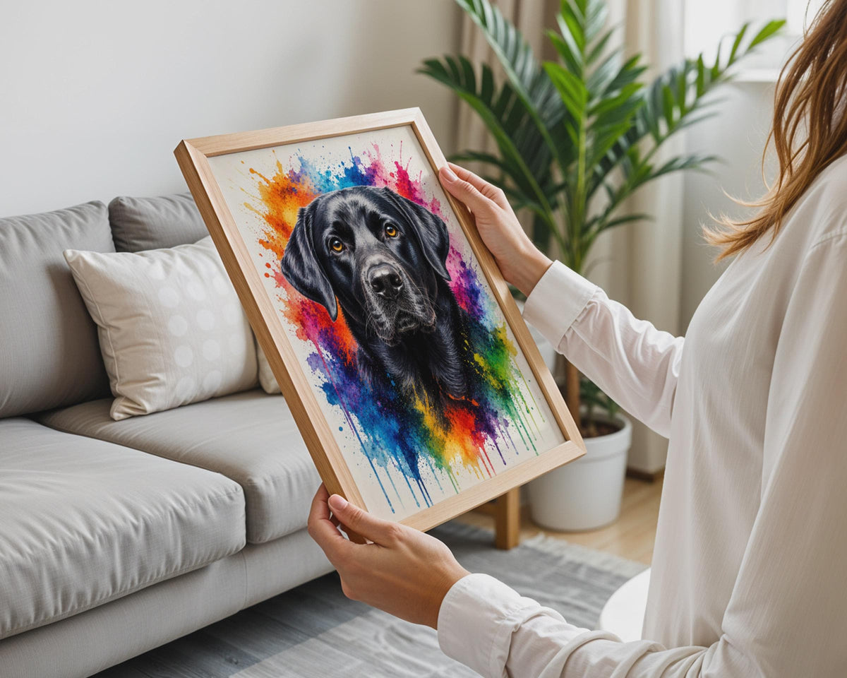 Black Labrador Retriever Watercolour Splash Dog Art Print, Rainbow Pet Portrait Wall Decor