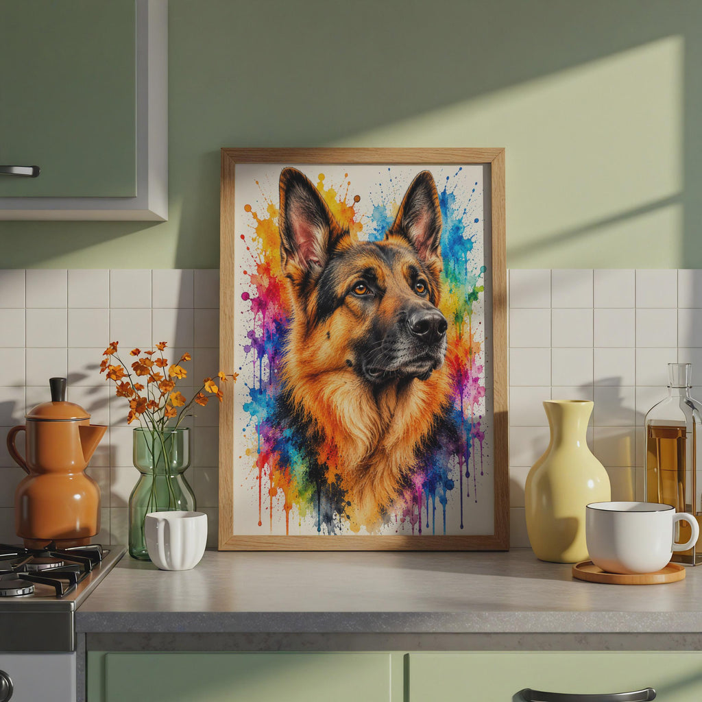 German Shepherd Watercolour Splash Print, Vibrant Dog Breed Wall Art