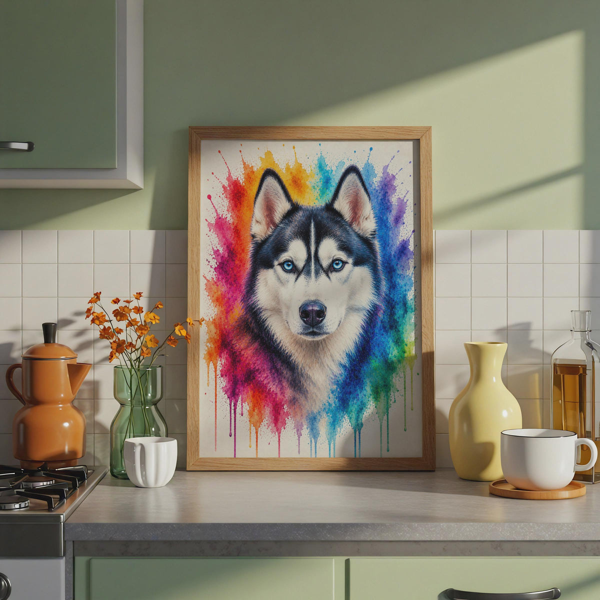 Siberian Husky Portrait, Rainbow Watercolour Splash Dog Print, Blue Eyes Animal Art