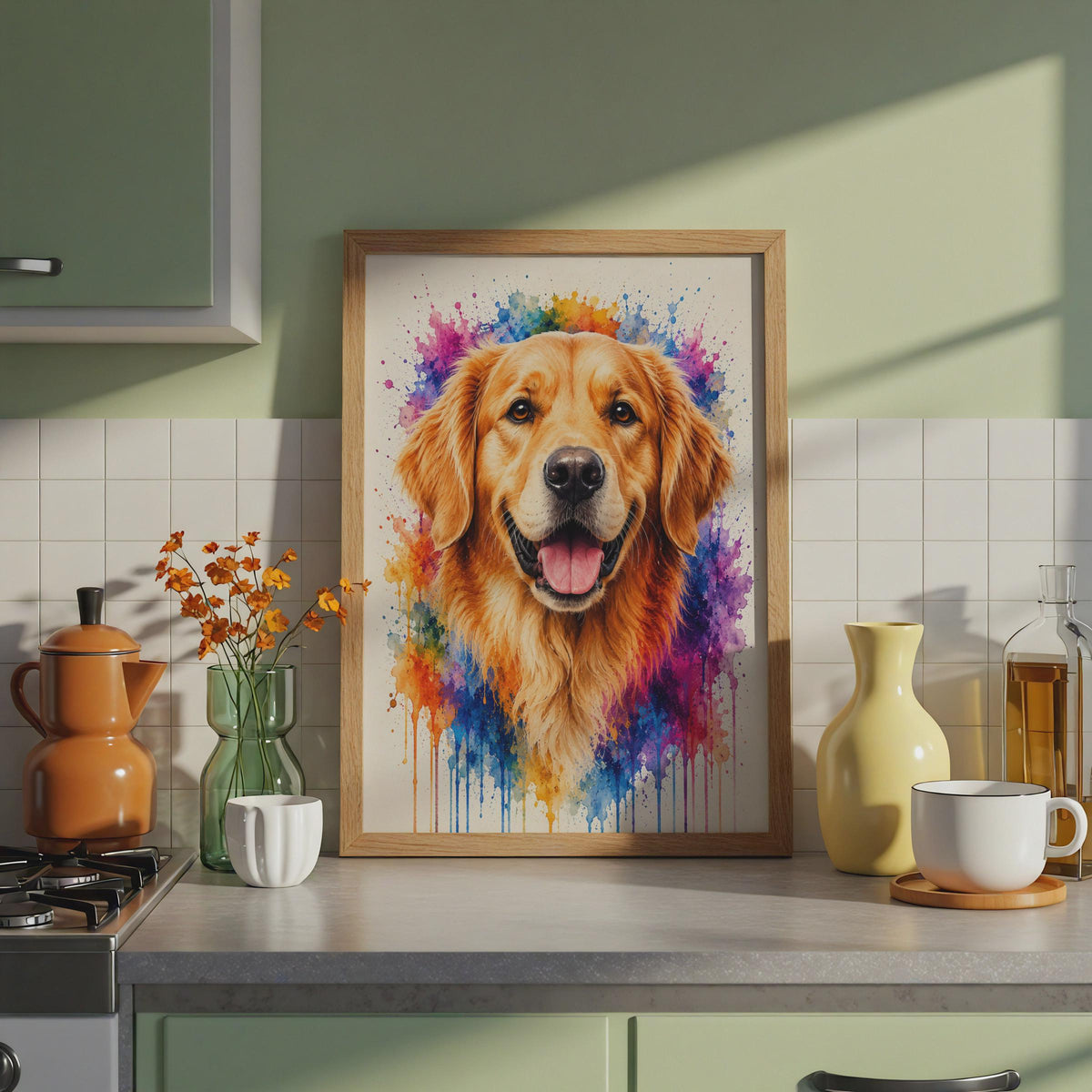 Golden Retriever Watercolor Portrait, Vibrant Rainbow Splash Dog Art Print