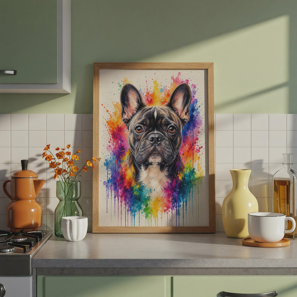 French Bulldog Watercolour Splash Print, Rainbow Pet Portrait, Bright Dog Art