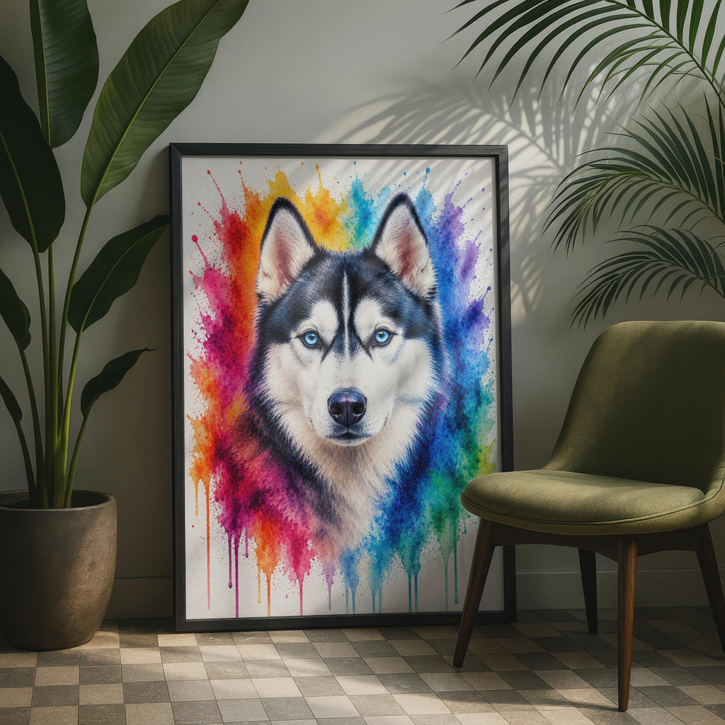 Siberian Husky Portrait, Rainbow Watercolour Splash Dog Print, Blue Eyes Animal Art