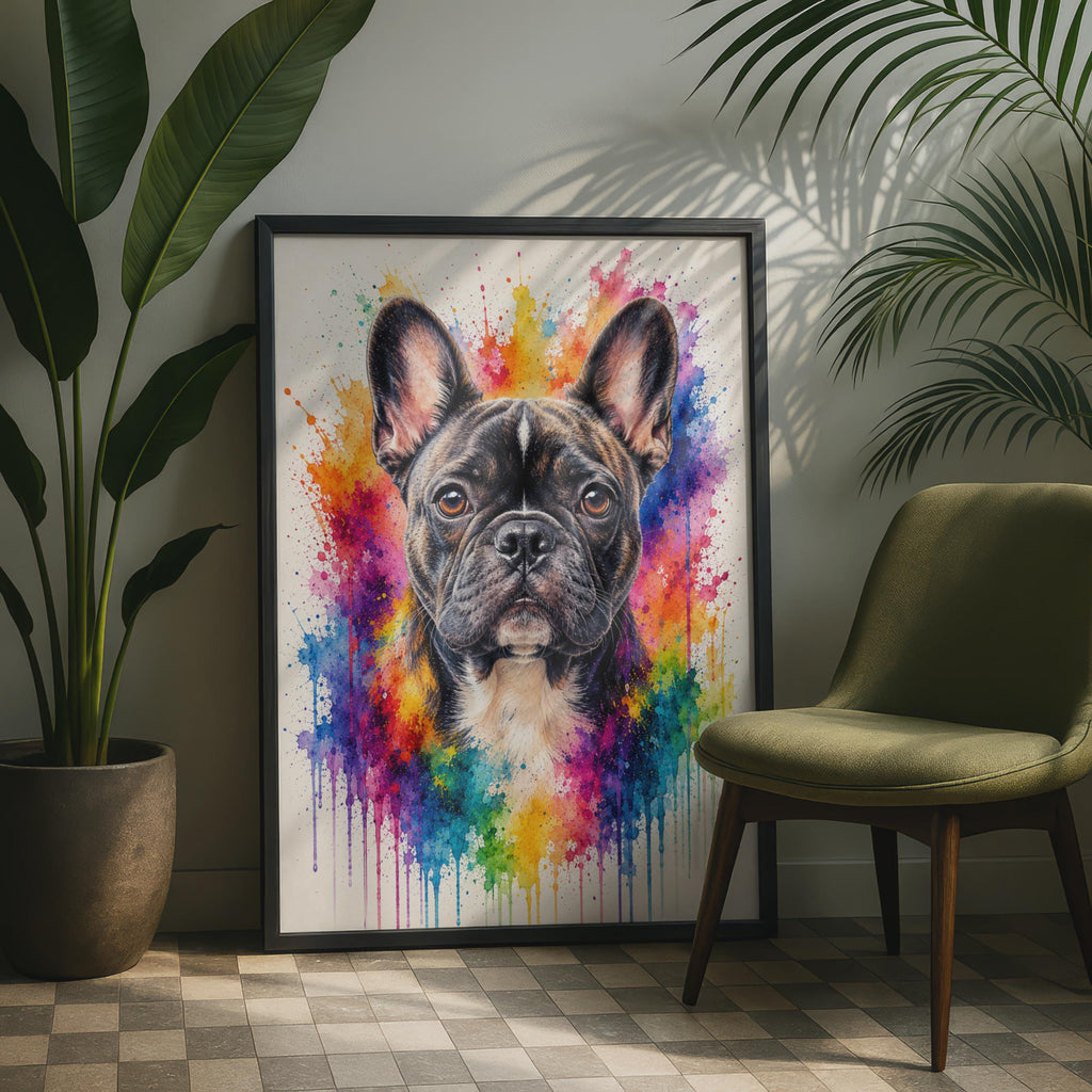 French Bulldog Watercolour Splash Print, Rainbow Pet Portrait, Bright Dog Art