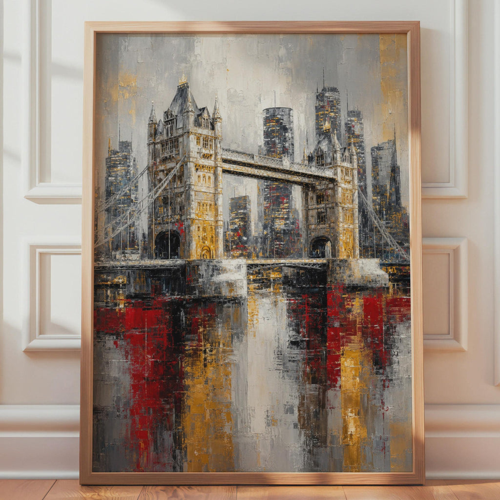 Tower Bridge London Abstract Oil Painting Print, Grey Gold Red Skyline Wall Art