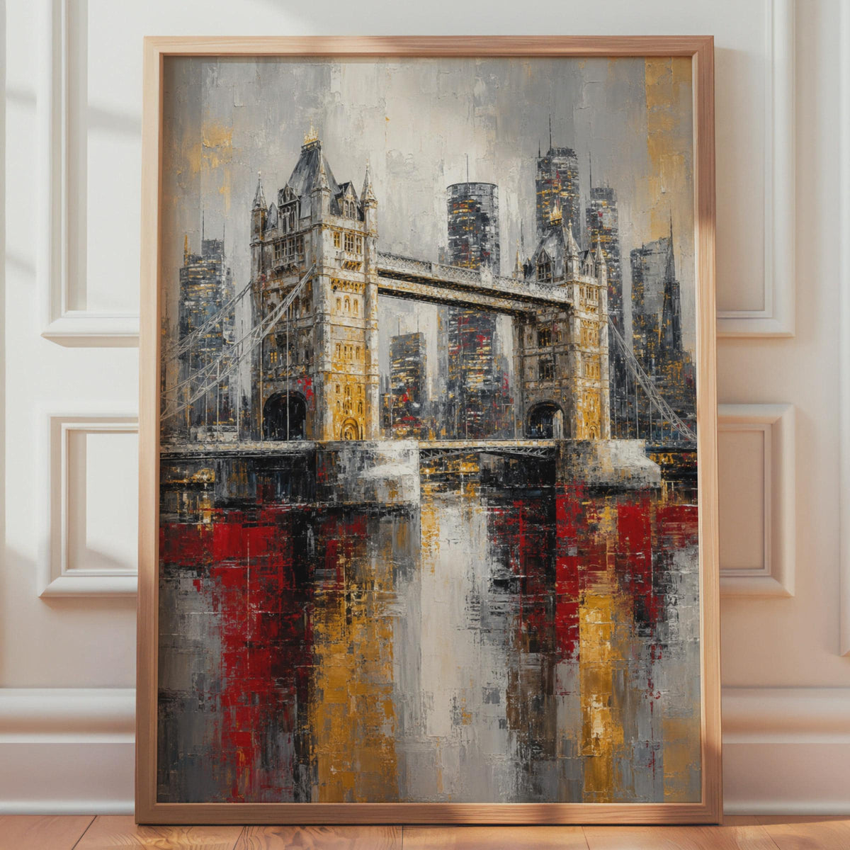 Tower Bridge London Abstract Oil Painting Print, Grey Gold Red Skyline Wall Art