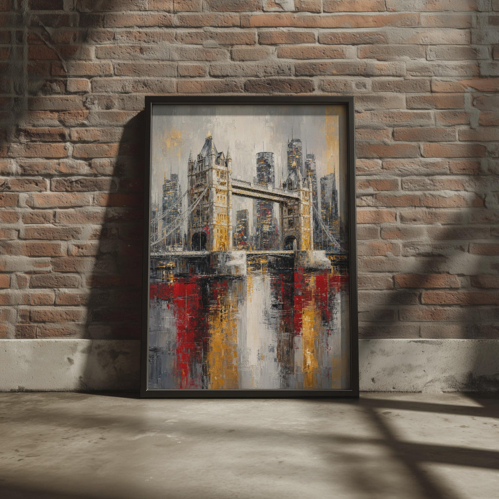 Tower Bridge London Abstract Oil Painting Print, Grey Gold Red Skyline Wall Art