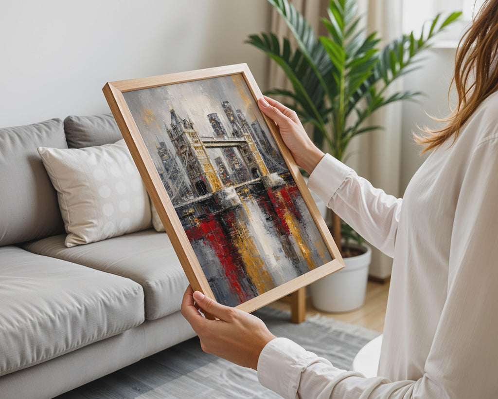 Tower Bridge London Abstract Oil Painting Print, Grey Gold Red Skyline Wall Art
