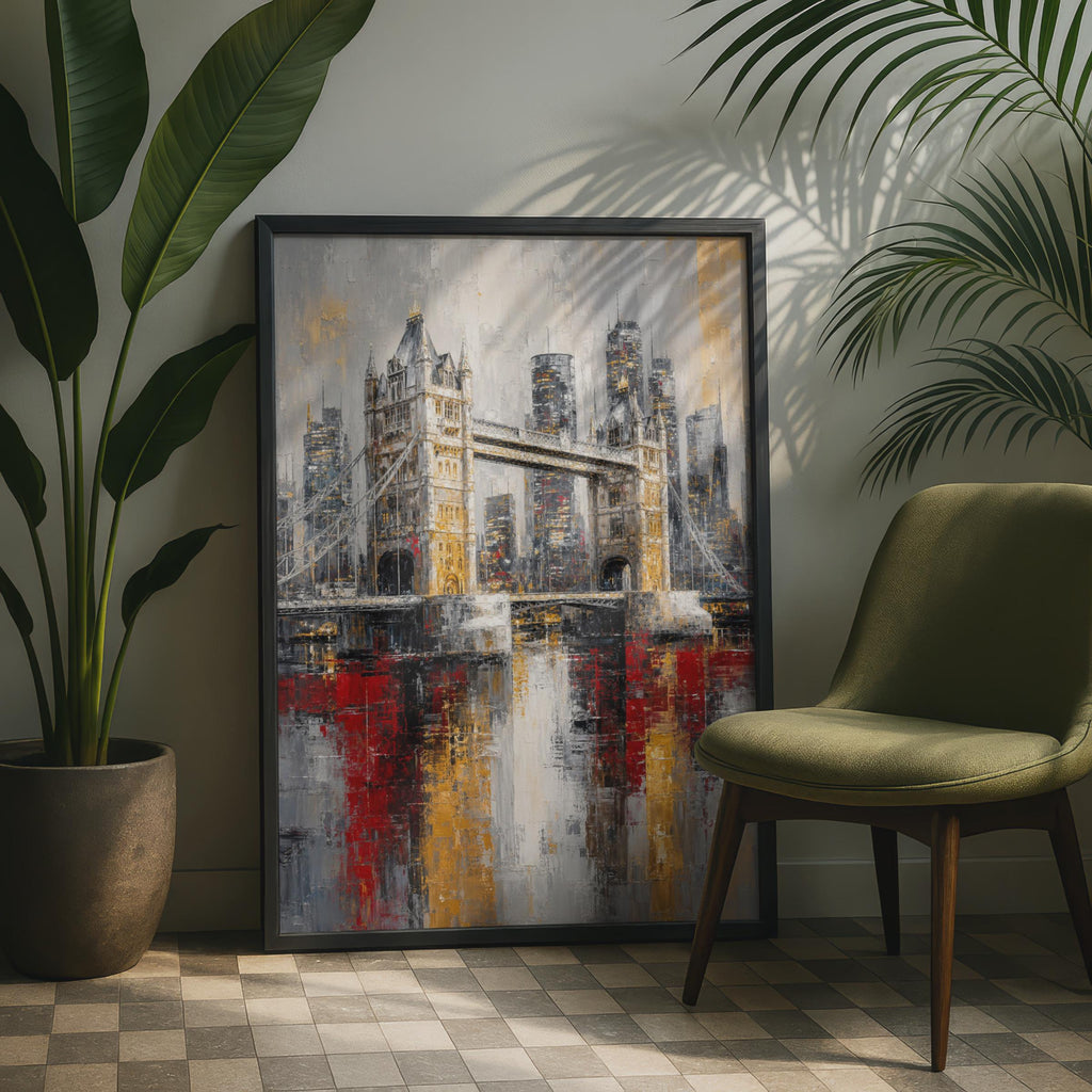 Tower Bridge London Abstract Oil Painting Print, Grey Gold Red Skyline Wall Art