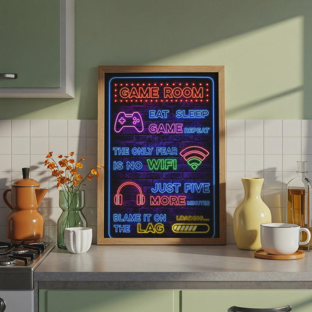 Neon Game Room Print, Eat Sleep Game Repeat, Gamer Wall Art, Boys Bedroom Decor