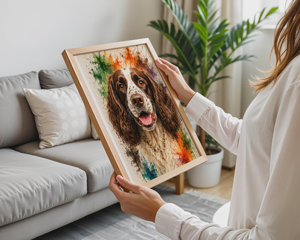 English Springer Spaniel Watercolour Splash Portrait, Vibrant Dog Lover Wall Art (Print)