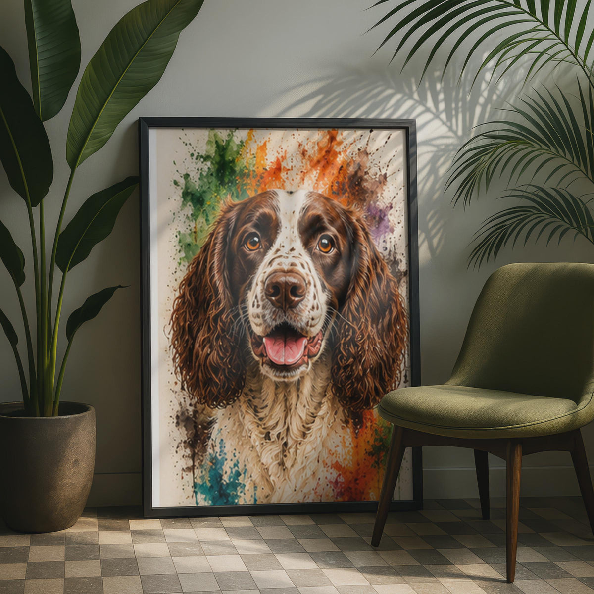 English Springer Spaniel Watercolour Splash Portrait, Vibrant Dog Lover Wall Art (Print)