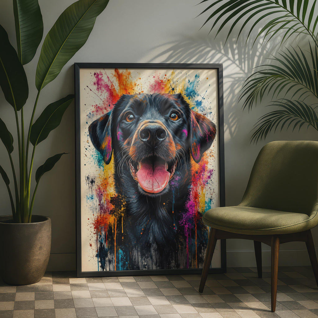 Black Labrador Watercolour Print, Vibrant Paint Splash Dog Art