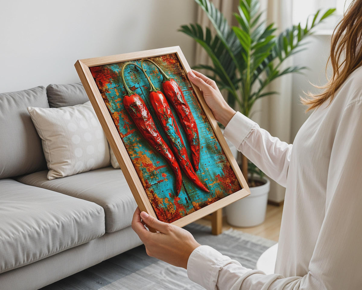 Three Red Chillies Vintage Poster, Rustic Teal Food Art, Bold Chilli Pepper Print