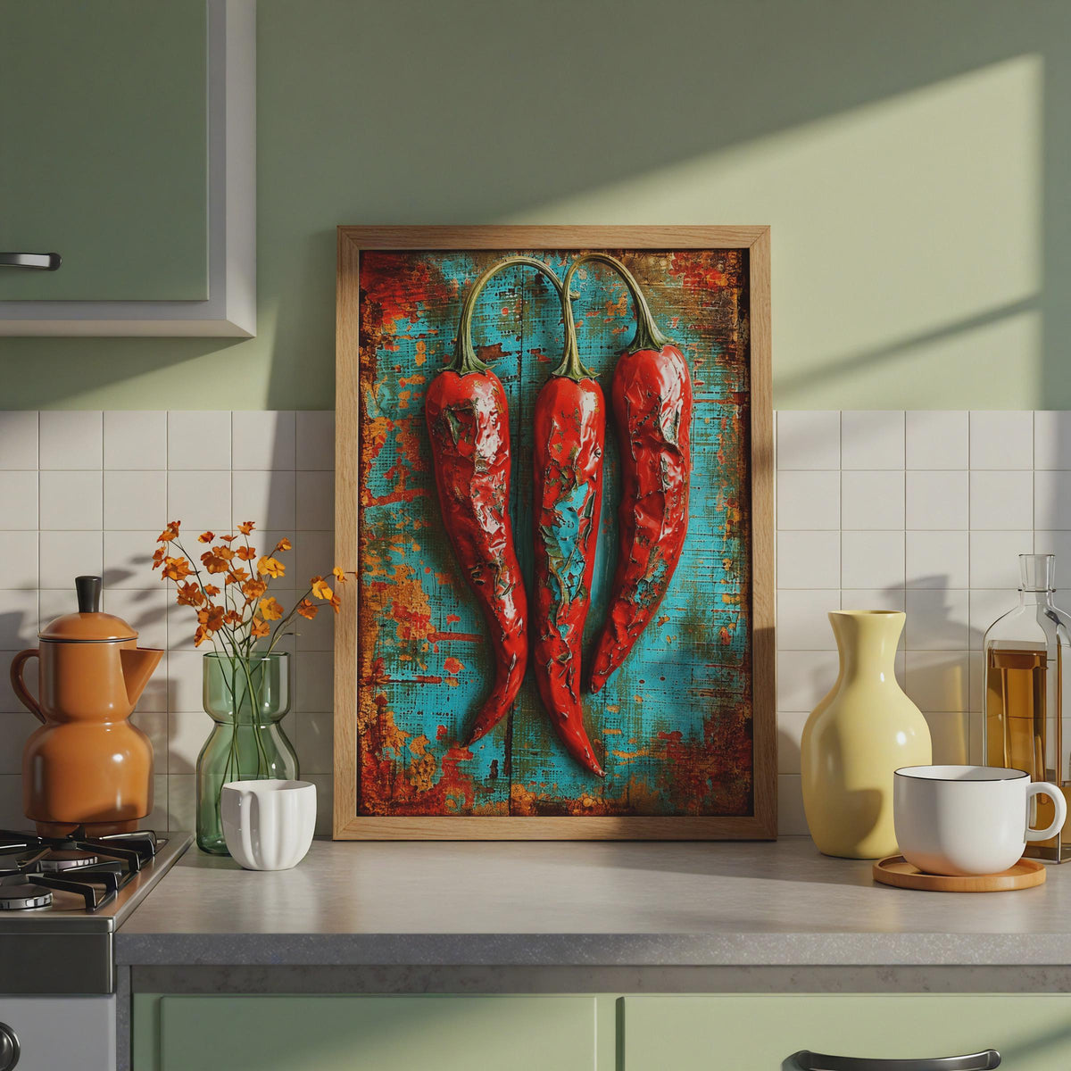 Three Red Chillies Vintage Poster, Rustic Teal Food Art, Bold Chilli Pepper Print