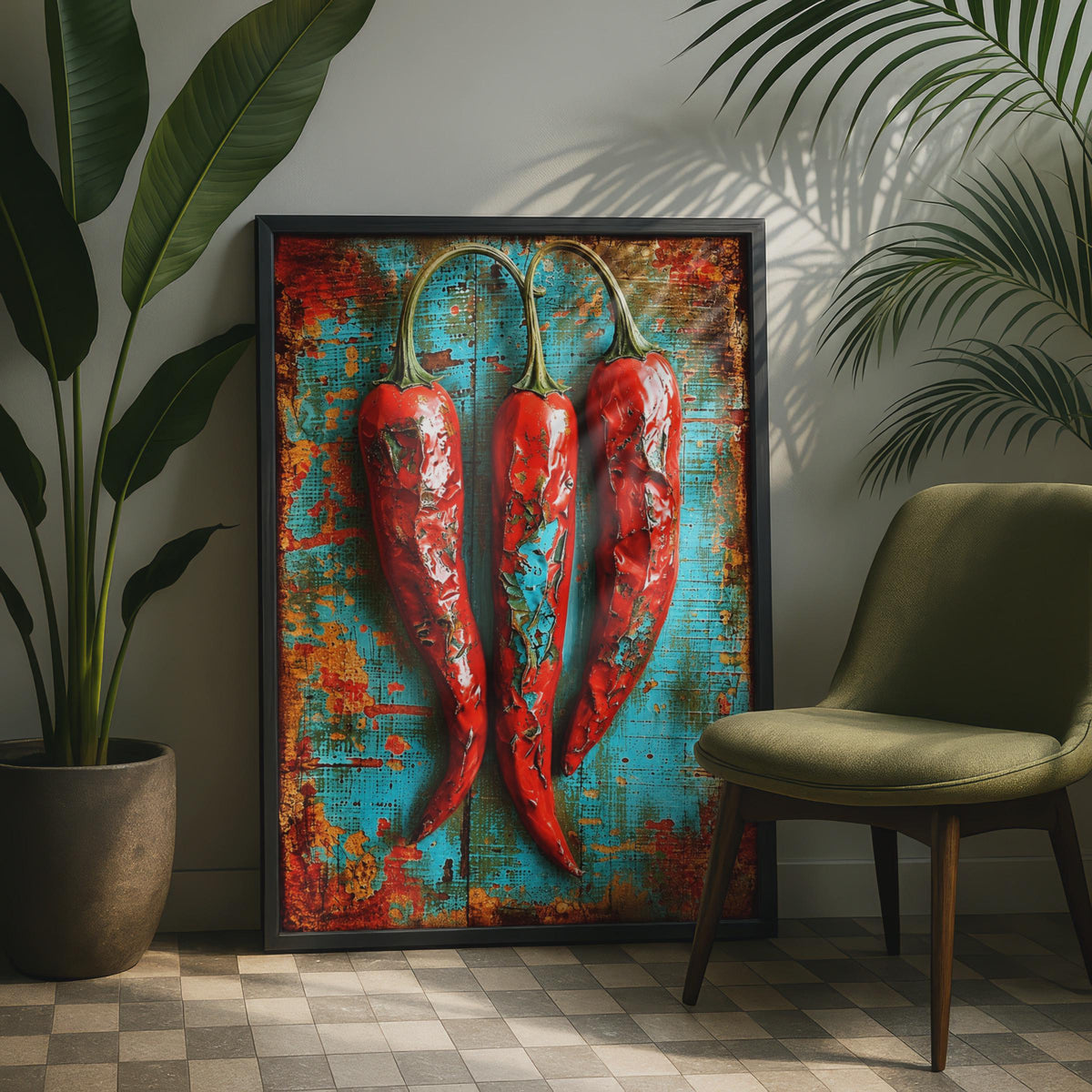 Three Red Chillies Vintage Poster, Rustic Teal Food Art, Bold Chilli Pepper Print