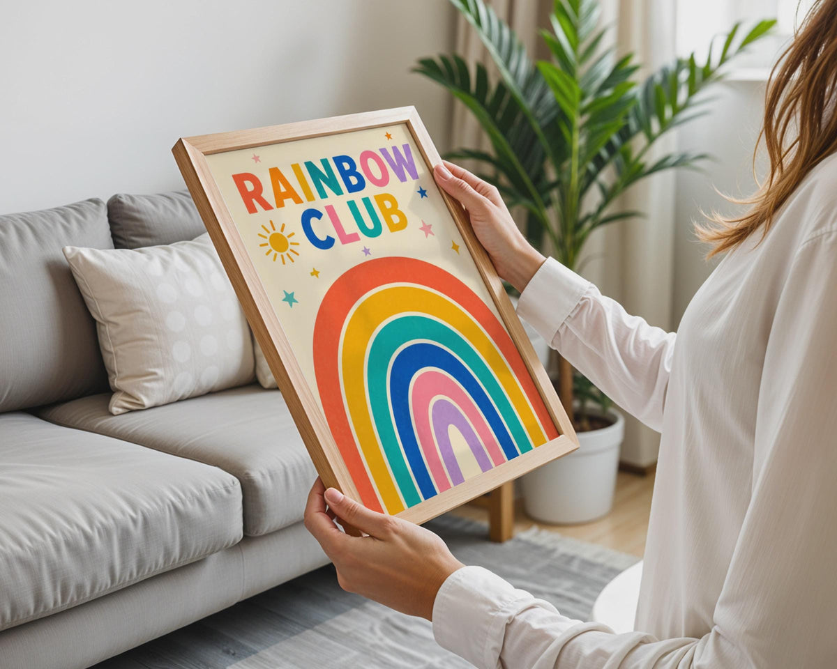 Rainbow Club Poster, Colorful Kids Room Wall Art, Sun Stars (A4)