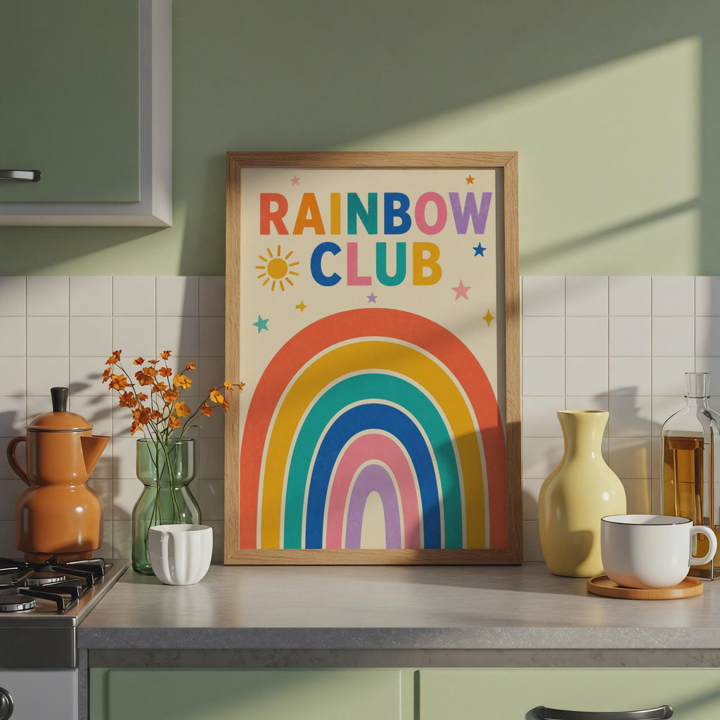 Rainbow Club Poster, Colorful Kids Room Wall Art, Sun Stars (A4)