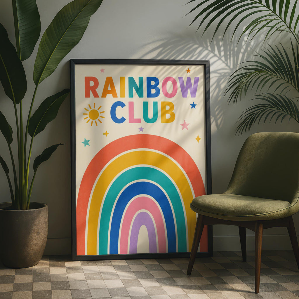 Rainbow Club Poster, Colorful Kids Room Wall Art, Sun Stars (A4)