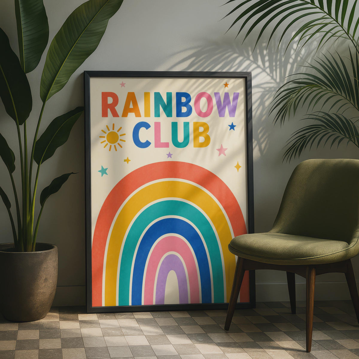 Rainbow Club Poster, Colorful Kids Room Wall Art, Sun Stars (A4)