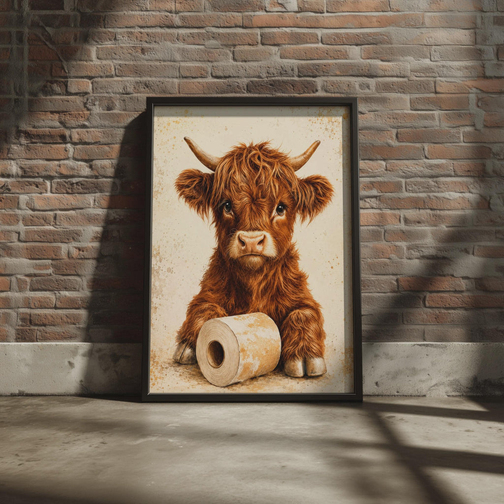 Highland Cow Toilet Roll Print, Watercolour Bathroom Art, Rustic Farmhouse Decor