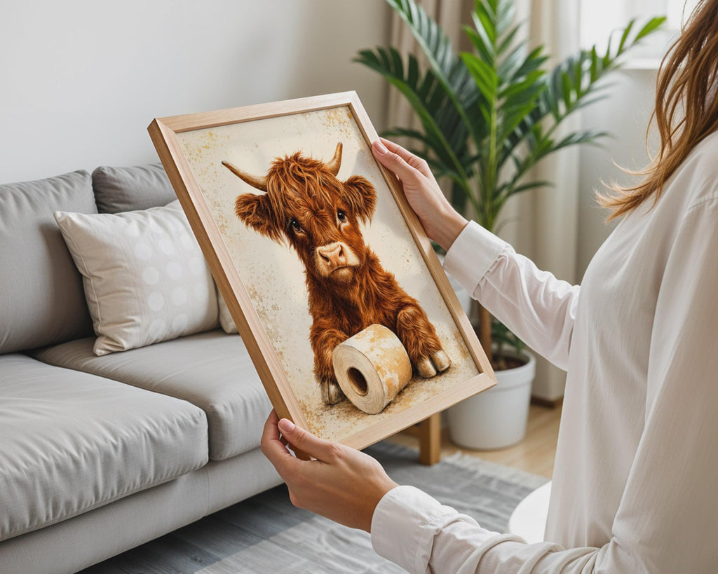 Highland Cow Toilet Roll Print, Watercolour Bathroom Art, Rustic Farmhouse Decor