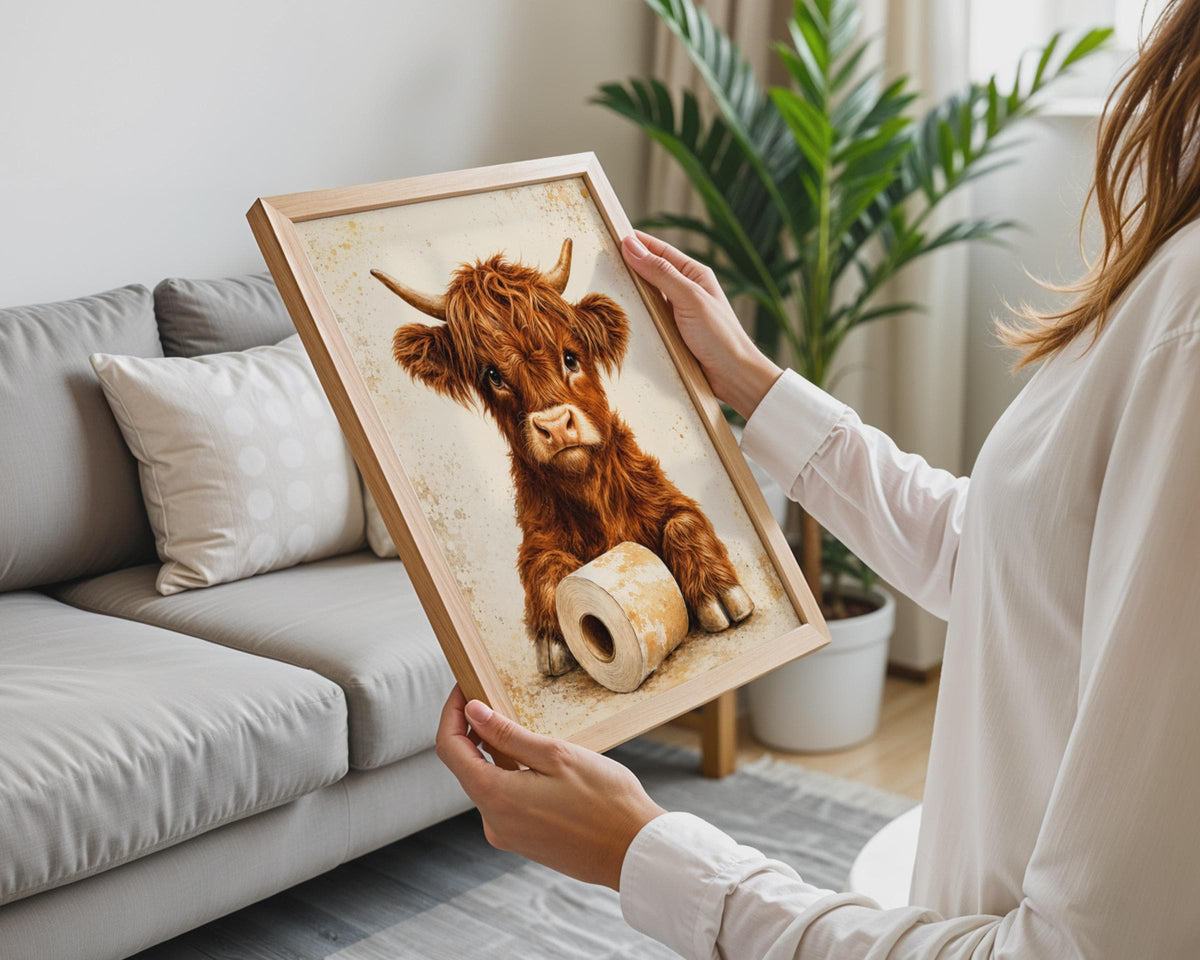 Highland Cow Toilet Roll Print, Watercolour Bathroom Art, Rustic Farmhouse Decor