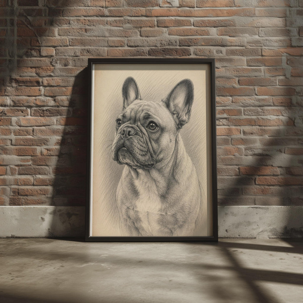 French Bulldog Graphite Sketch Portrait, Sepia Pencil Drawing Wall Art Print