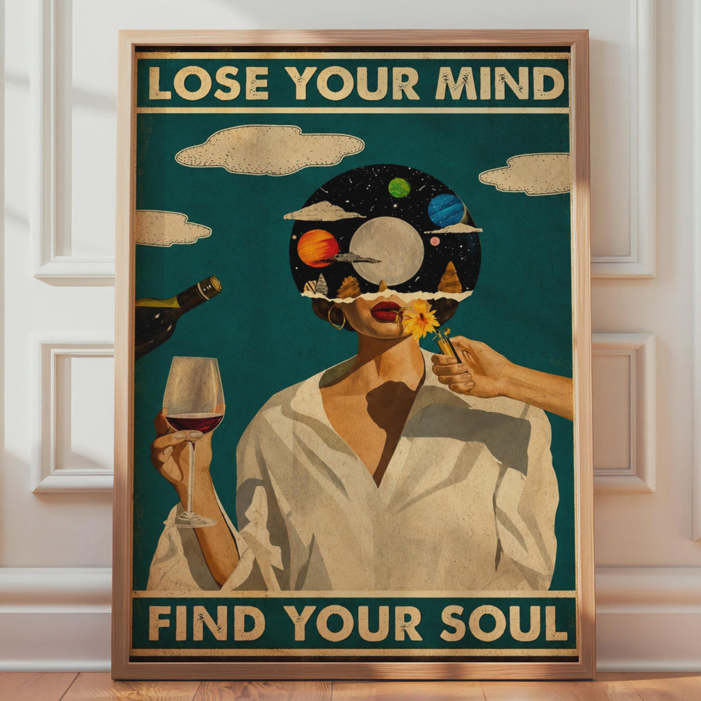 Vintage Woman Cosmic Wine Art Print, Bohemian Surreal Teal Quote Poster