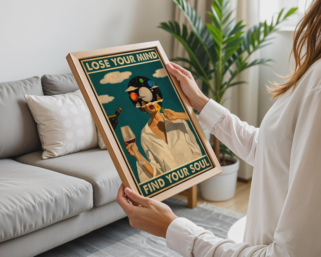 Vintage Woman Cosmic Wine Art Print, Bohemian Surreal Teal Quote Poster
