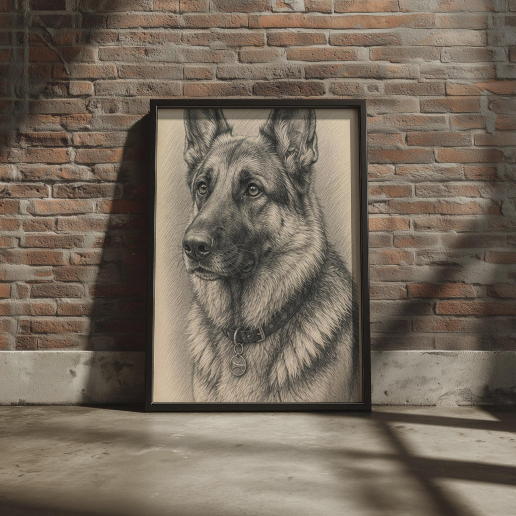 Realistic German Shepherd Pencil Sketch Poster, GSD Dog Lover Gift Print