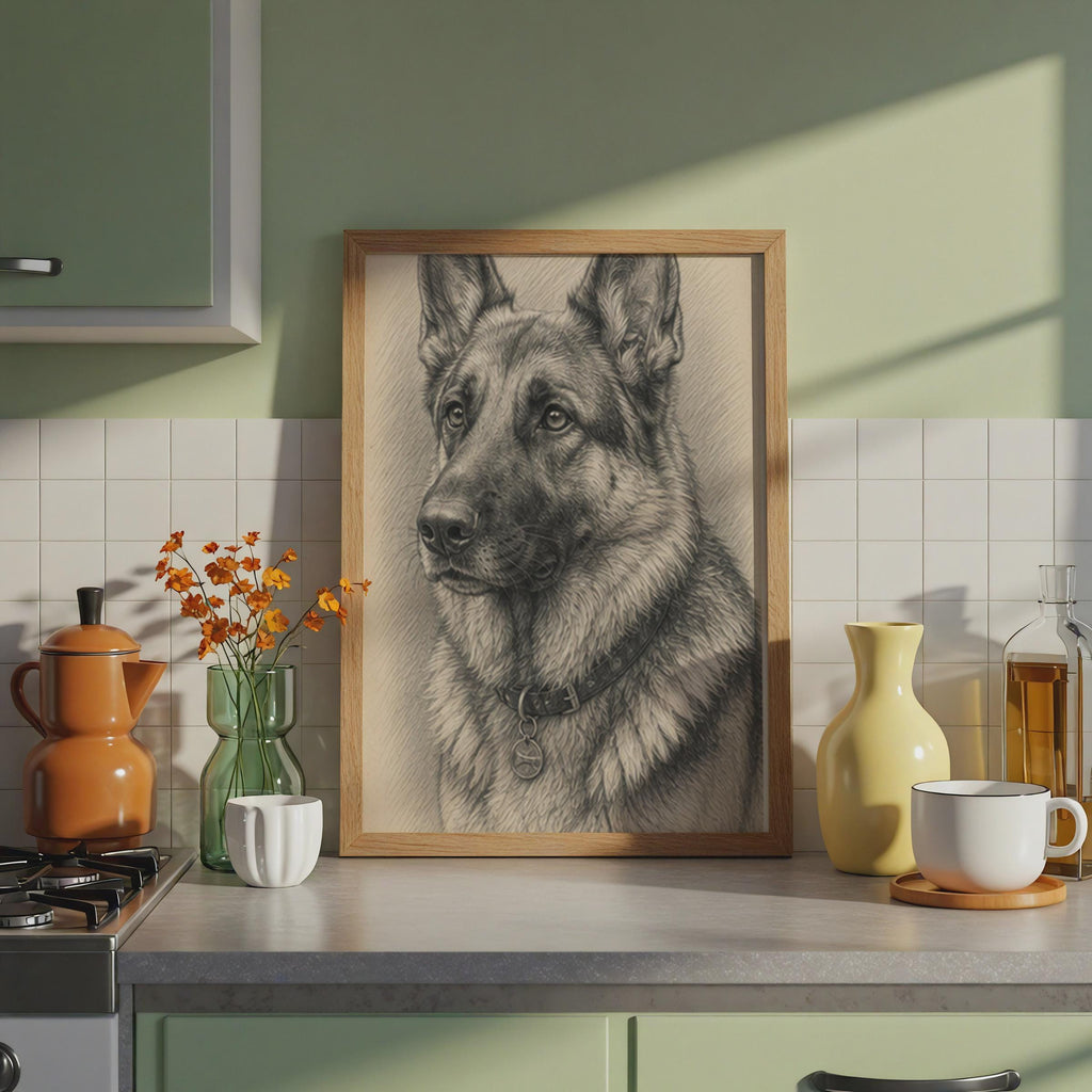 Realistic German Shepherd Pencil Sketch Poster, GSD Dog Lover Gift Print