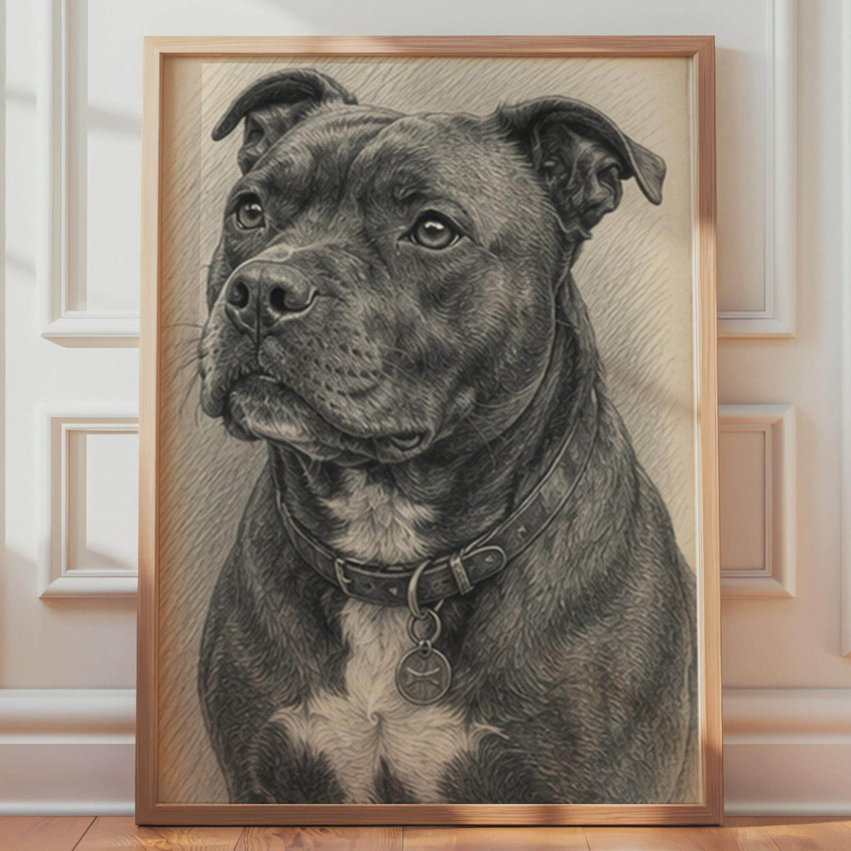 Staffordshire Bull Terrier Graphite Sketch Print, Black Grey Dog Portrait Print
