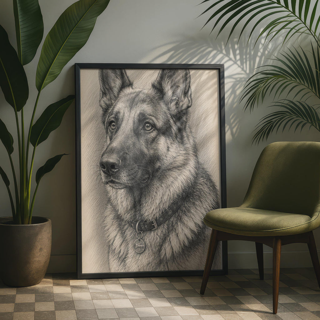 Realistic German Shepherd Pencil Sketch Poster, GSD Dog Lover Gift Print